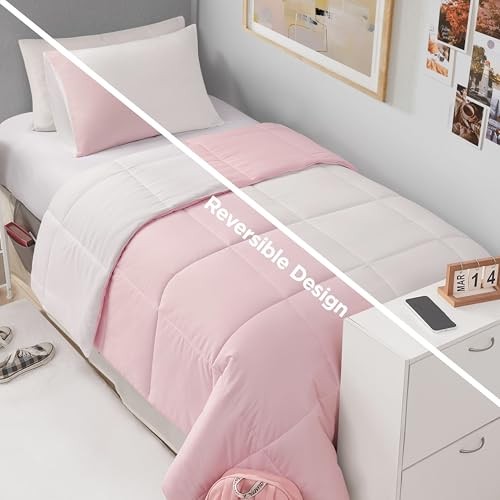 Reversible Box Stitch Comforter Set, 3-Piece – Full/Queen Light Pink/ White