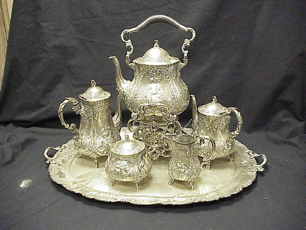 German Repousse 5pc 800 Silver Tea Set &  Silver Tray
