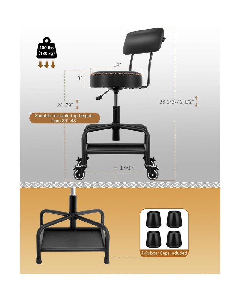 Shop Stool with Lockable Rubber Wheels Adjustable Backrest Tool Tray Storage ...