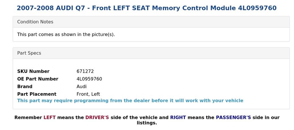 2007-2008 AUDI Q7 - Front LEFT SEAT Memory Control Module 4L0959760