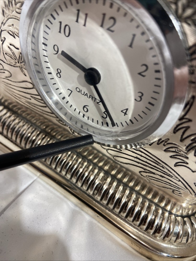 Silver Tea Tin With Quartz Clock Peacocks Palm Trees