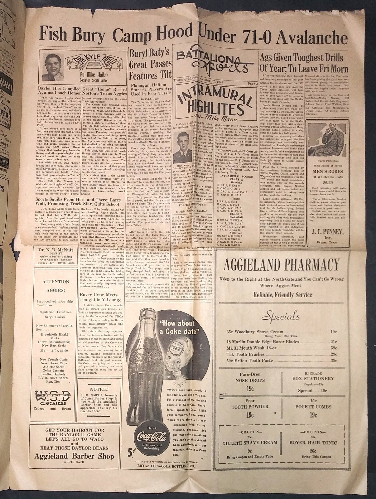 1942 newspaper THE BATTALION College Station TEXAS A&M w/Jackson Jubilee Singers