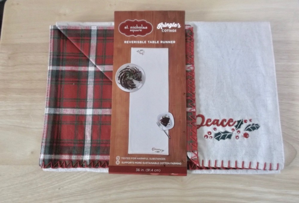 CHRISTMAS TABLE RUNNER - ST. NICHOLAS SQUARE REVERSIBLE PLAID PEACE & JOY - NWT