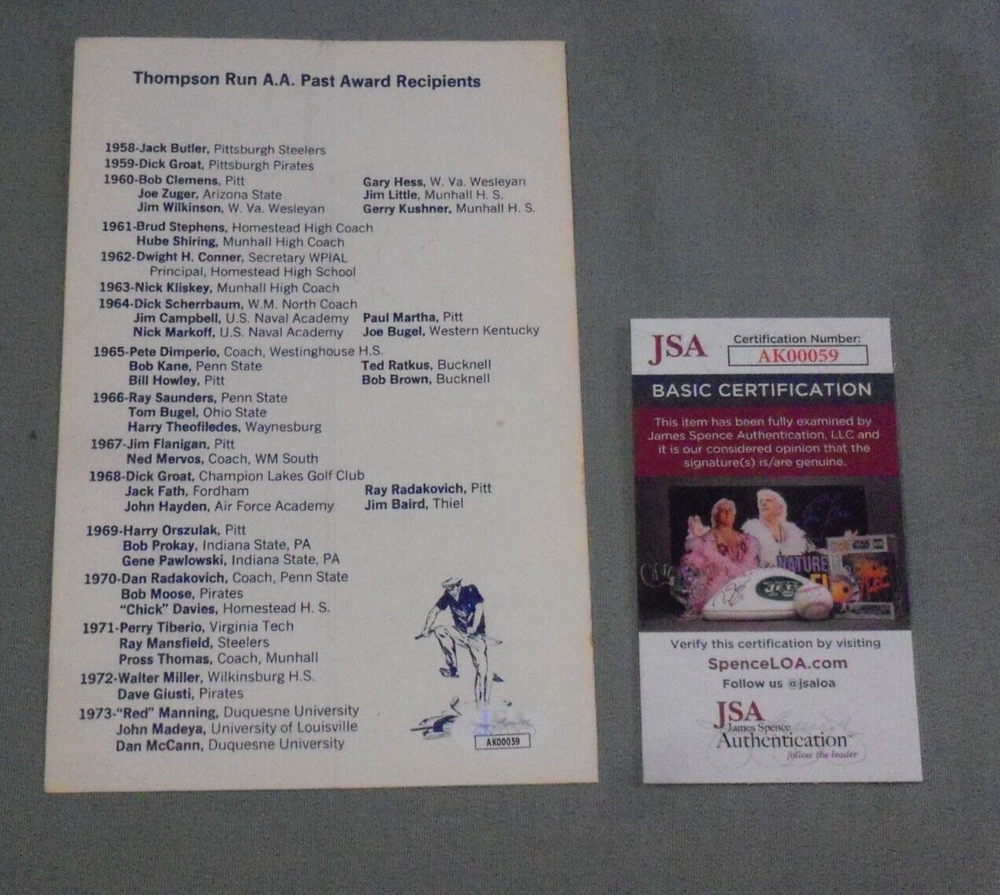 Bob Prince Pirates, Signed Thompson Run AA Dinner Program (6), JSA, Ham Wagner++