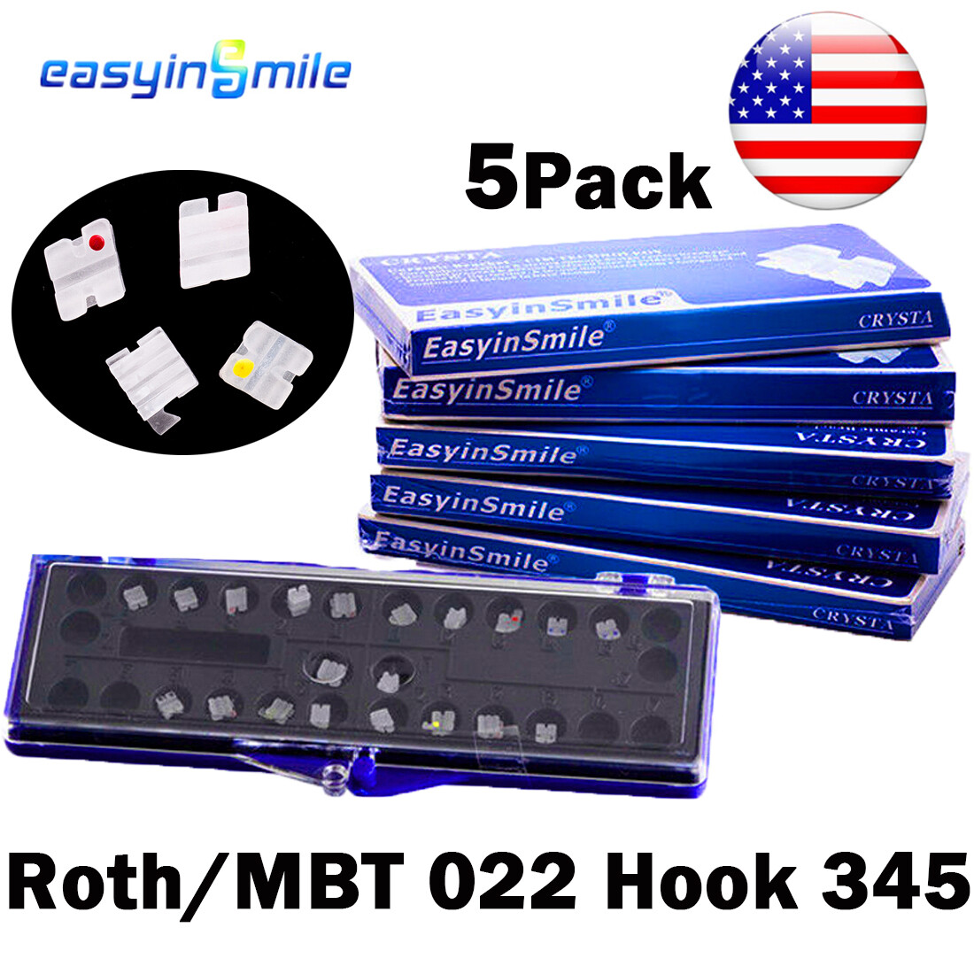 5PK Dental Ceramic Brackets Orthodontic Mini Clear Braces MBT/ROTH 022 345 Hooks