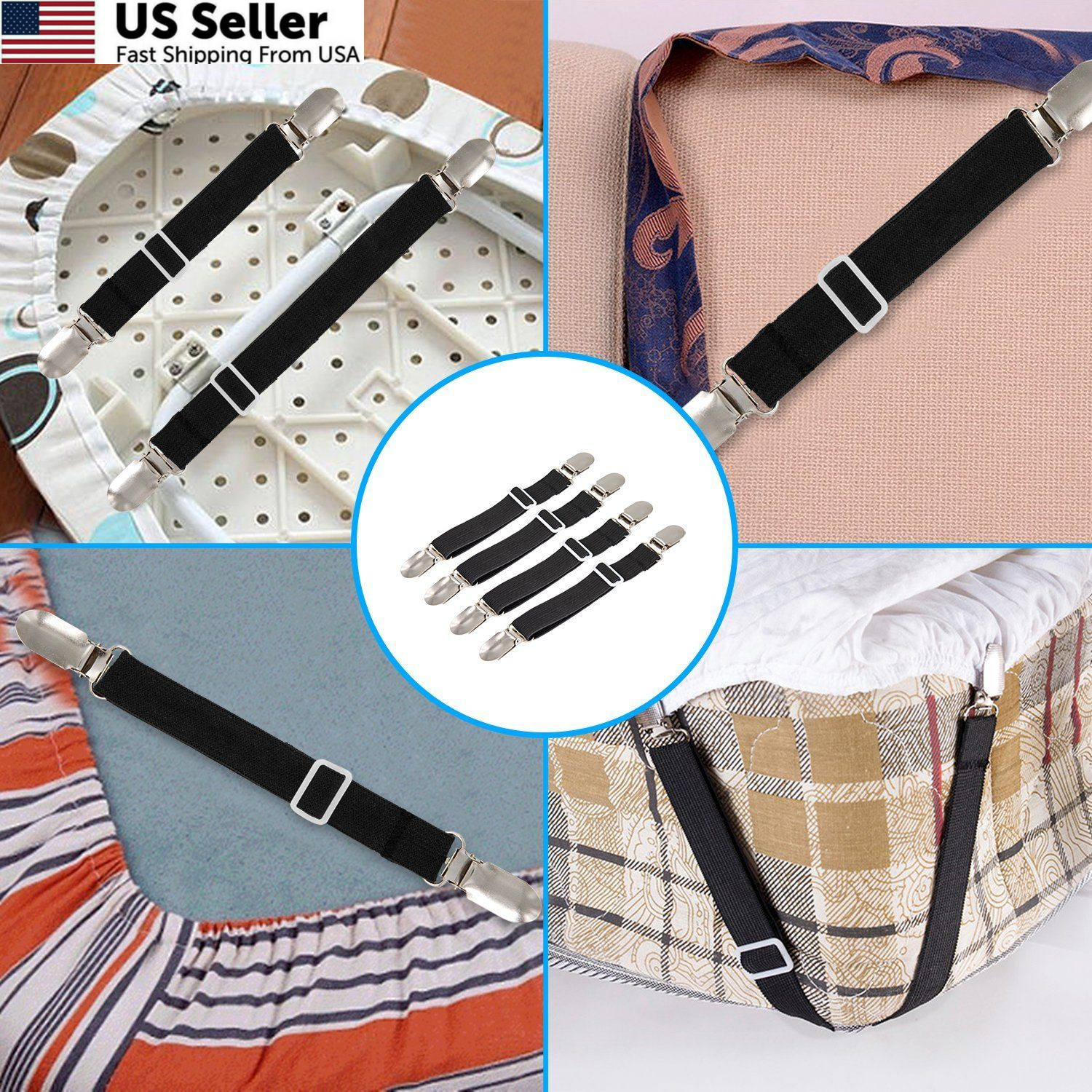 BetyBedy 4Pcs Adjustable Bed Sheet Fasteners Elastic Straps Clips FROM USA