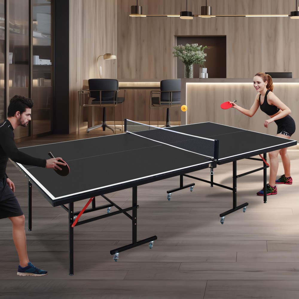 8ft Black Mid-Size Table Tennis Table Foldable & Portable Ping Pong Table Set