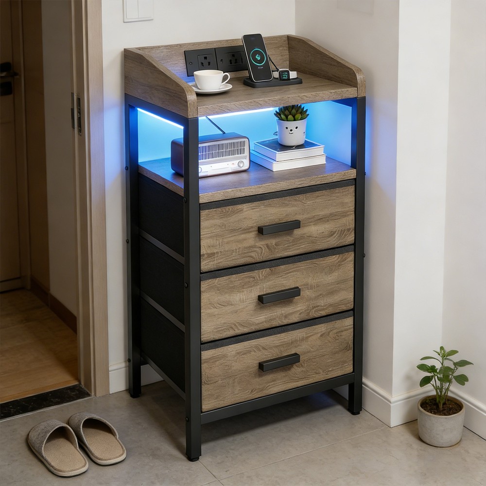 2 Pack Night Stand With Charging Station And Light Bedside End Table ༝