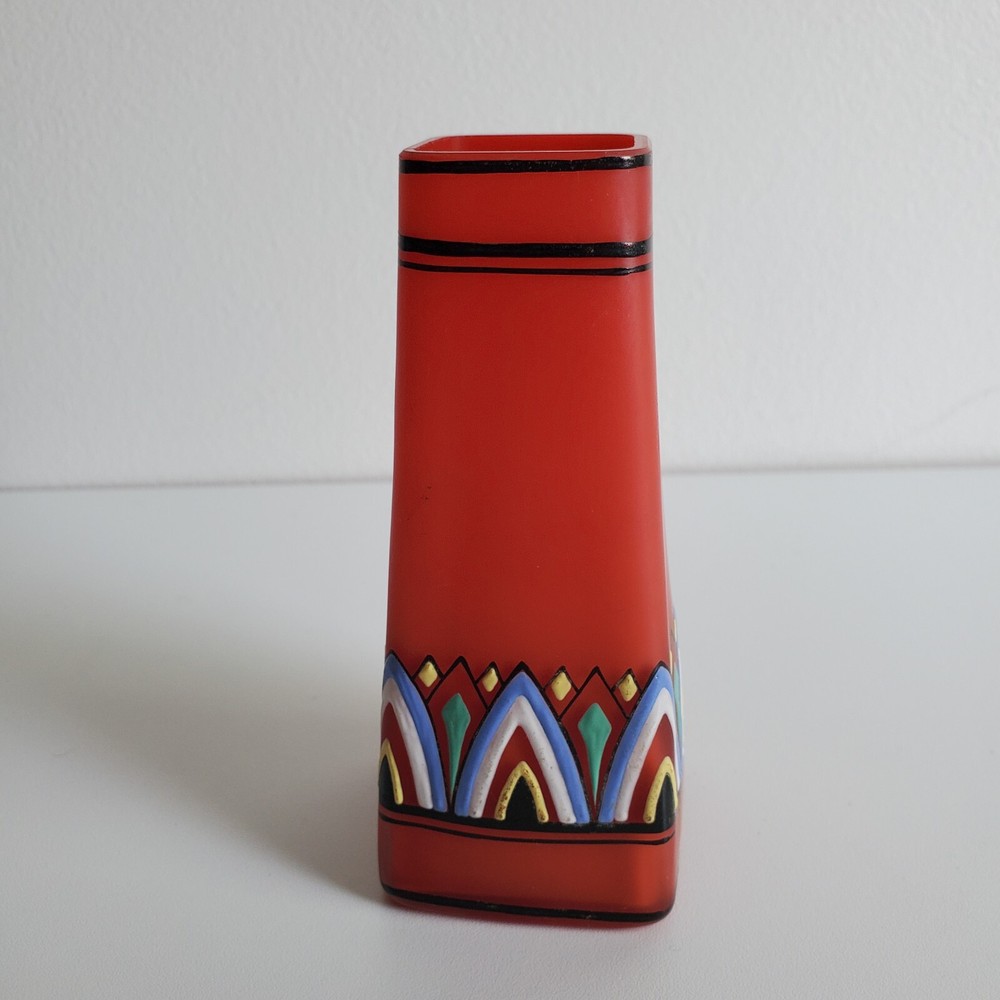 Red Handpainted Glass Bud Vase Geometric 4.75" Maker Help