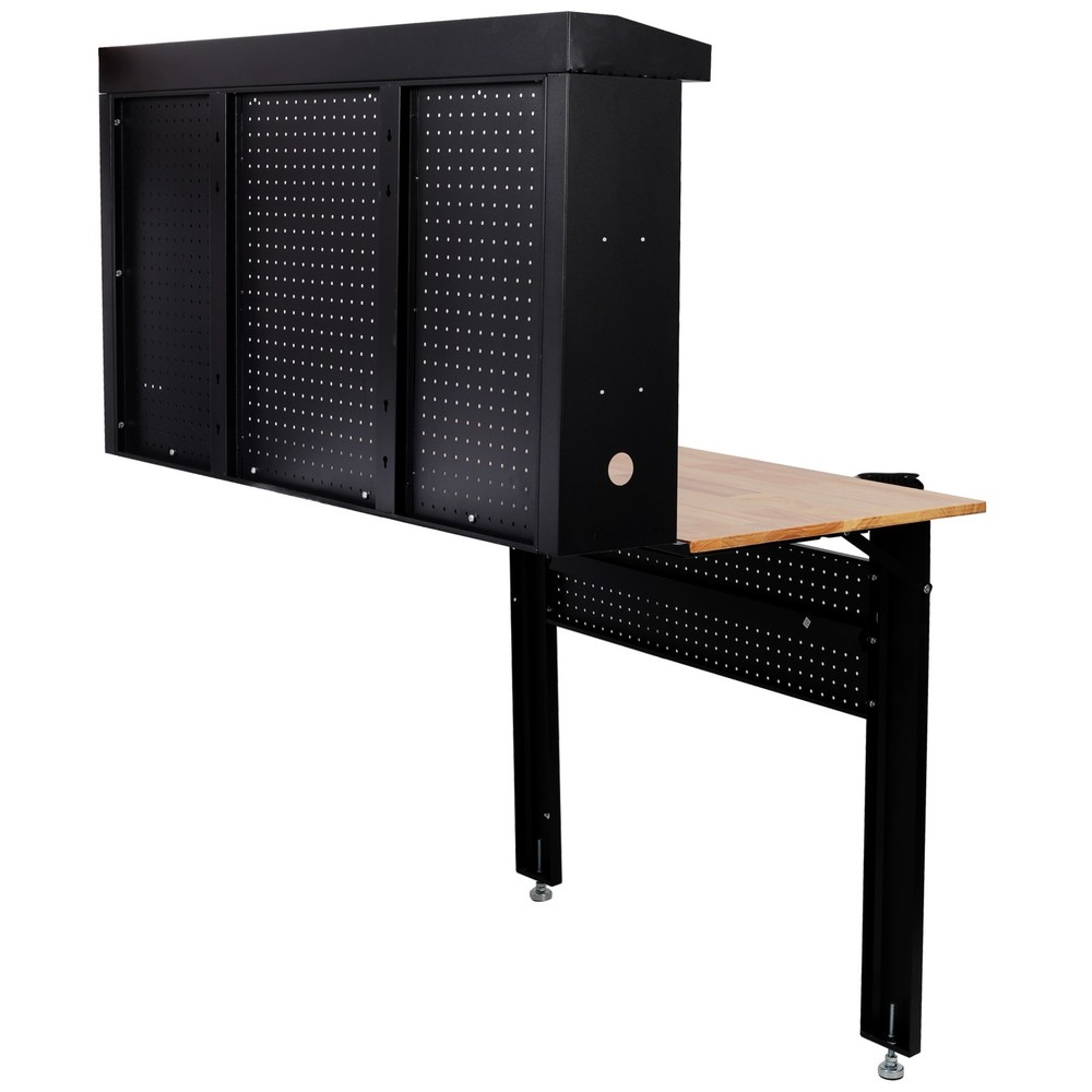 Wall Mounted Foldable Workbench, Space-Saving Rubberwood Top with Tool Pegboard