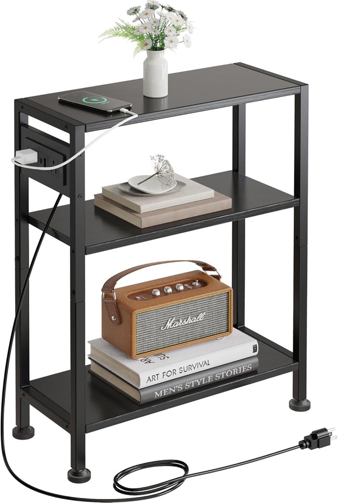 End Table with Charging Stat, 3-Tier Side Table for Small Space, Skinny