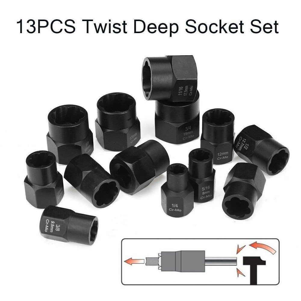 Impact Bolt Extractor Set Nut Remover Set Stripped Extraction Socket Tool 13PCS