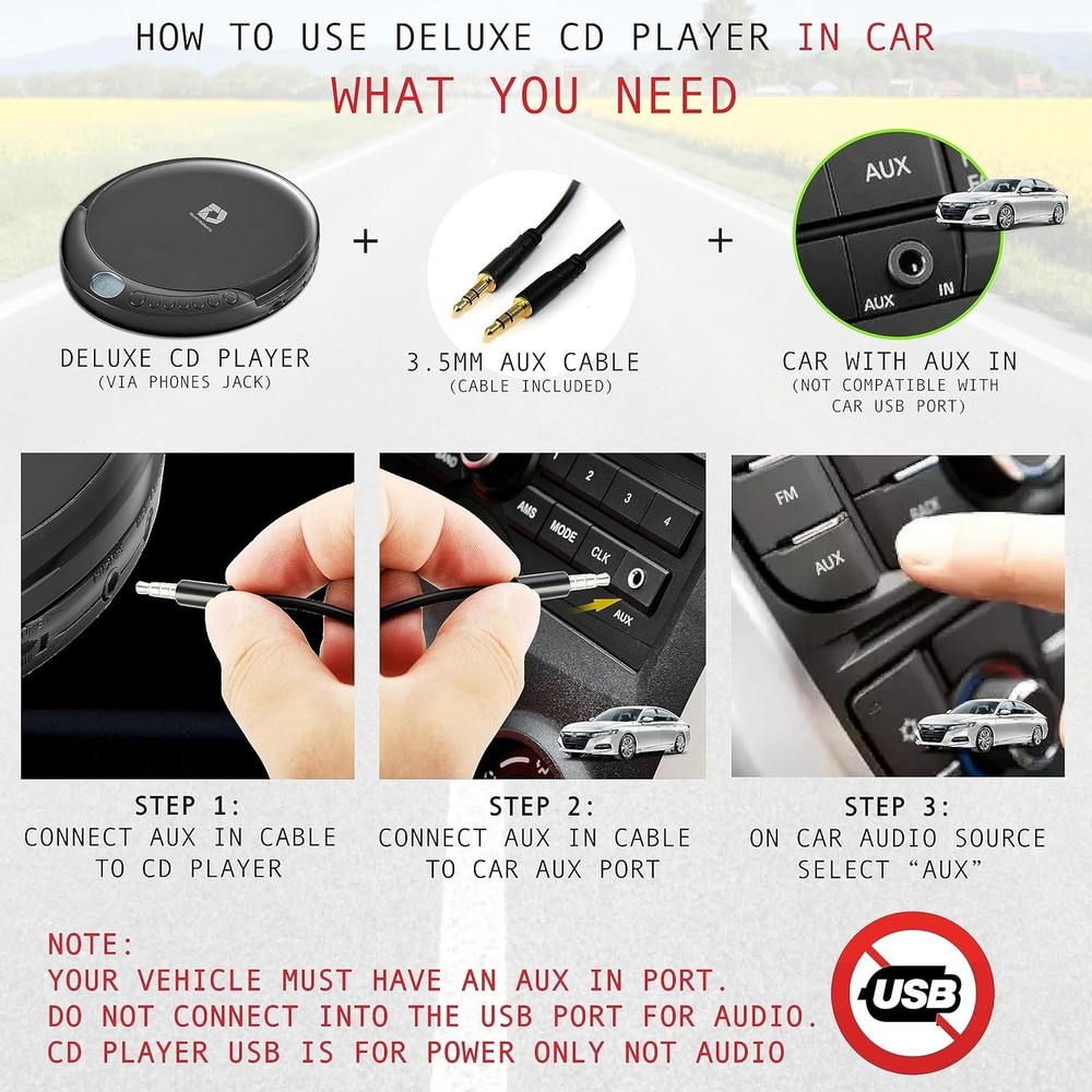 CD Player Portable with 60 Second Anti Skip, Stereo Earbuds, Includes Aux