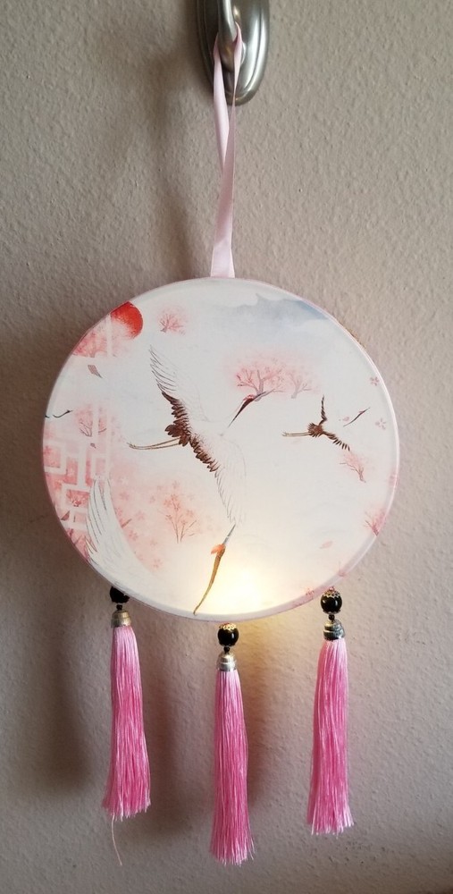 Pink & White Crane Handheld Fabric Lantern