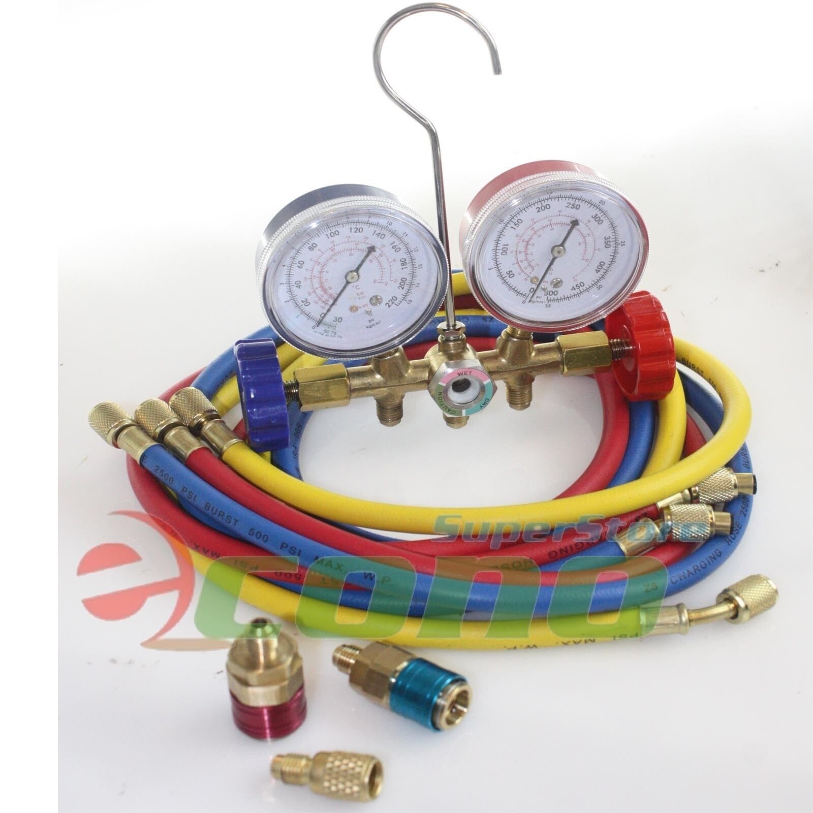 Deluxe Auto Refrigerant Manifold Gauge Set & 3 CFM Vacuum Pump 5ft HVAC Hoses