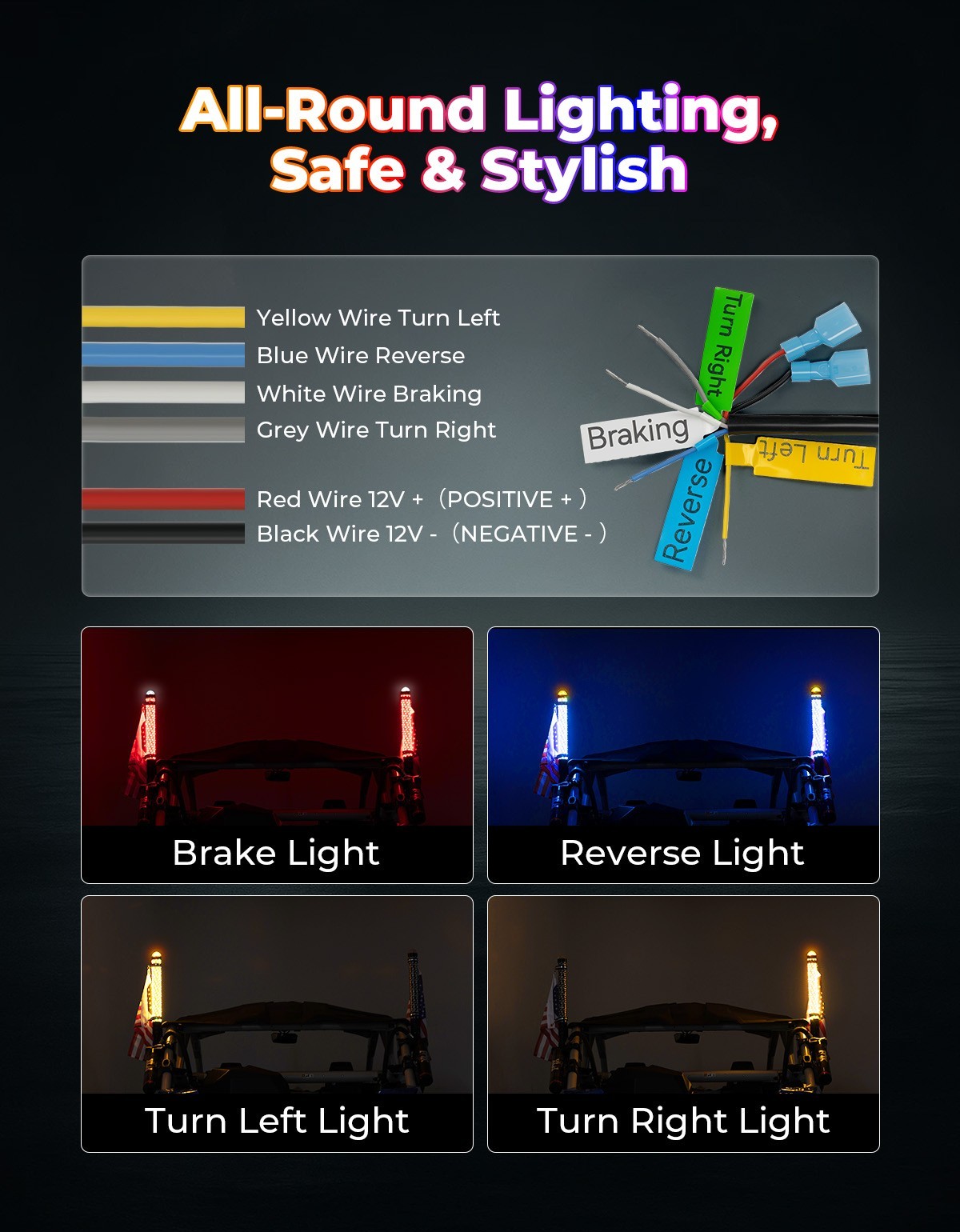 2PCS 2FT Fat Whip Lights LED Spiral Chasing Lighted w/ Warning Light for X3 RZR