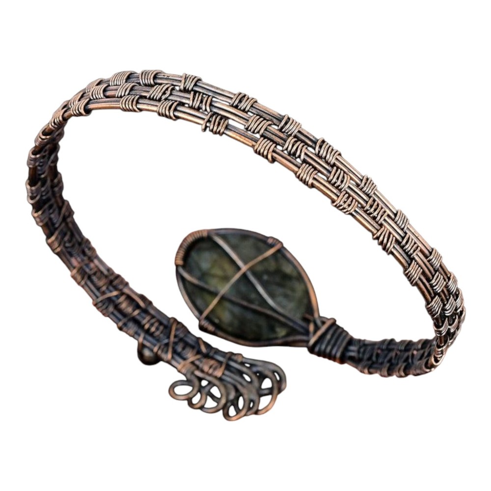 Handmade Labradorite Copper Cuff Bracelet – Wire Wrapped Gemstone Bangle