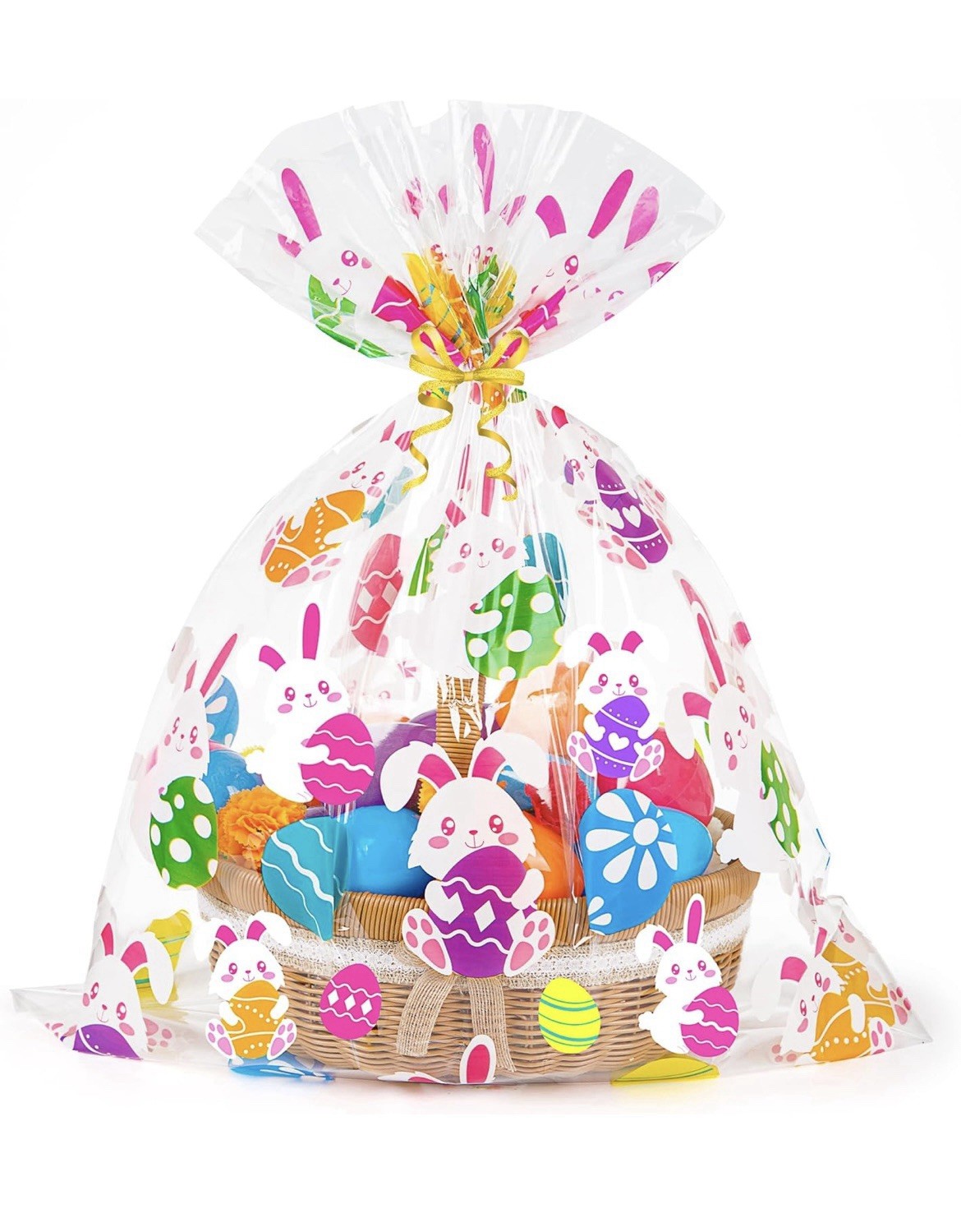 Easter Cellophane Bags 16x24 Inch with Pull Bows 20 Pcs Bunnies & Eggs Design