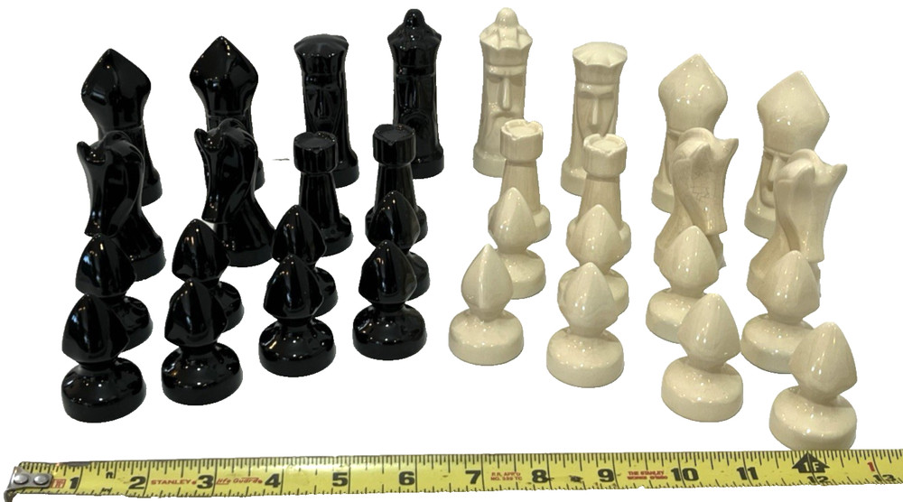 Vintage Ceramic Chess Pieces Set 32 Large White & Black Signed MS On The Bottom