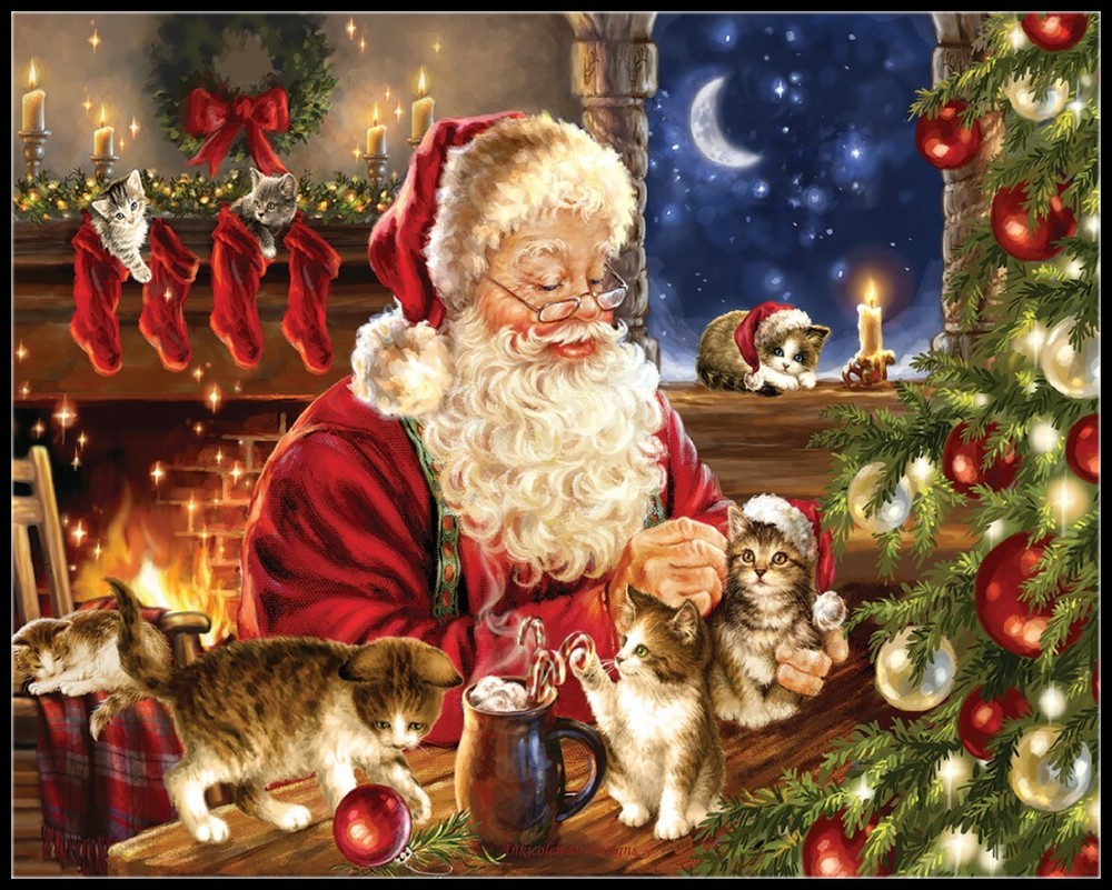 Christmas Kittens - DIY Chart Counted Cross Stitch Patterns Needlework Santa