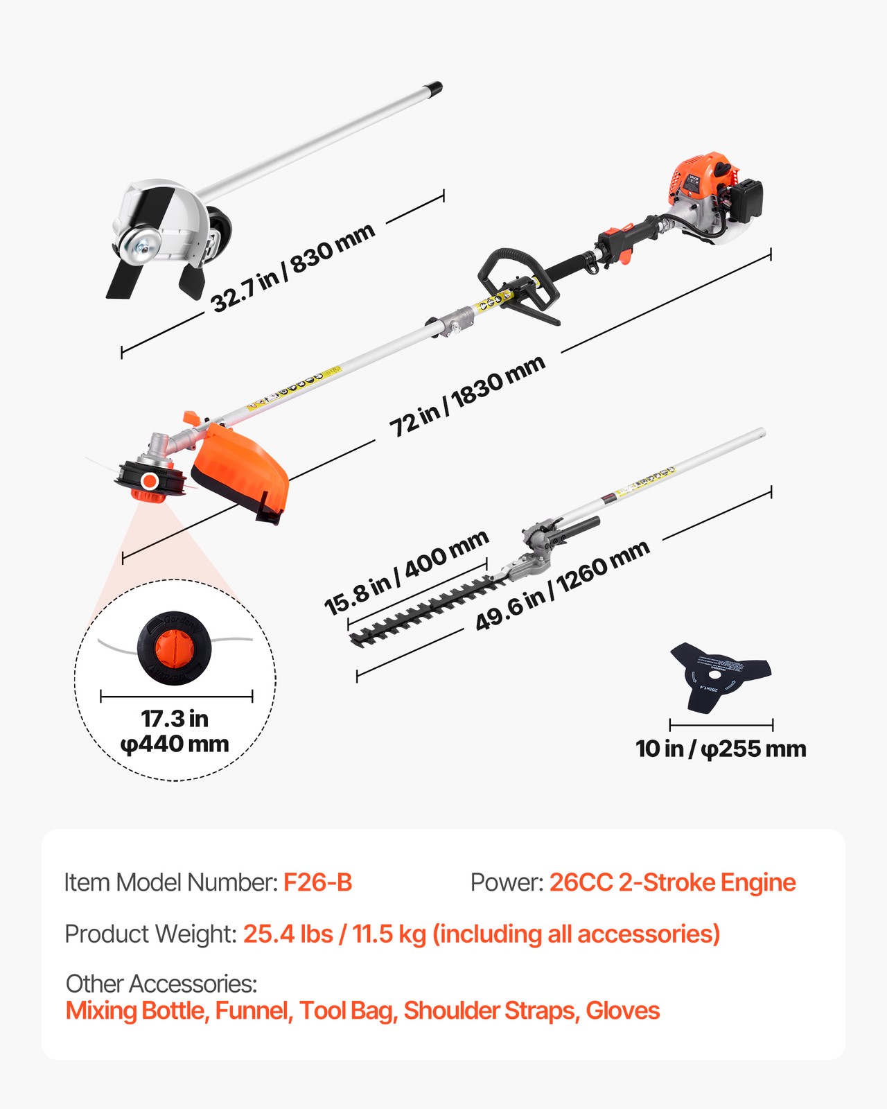 VEVOR 4-in-1 Gas Hedge Trimmer 2 Cycle 26cc Gas Powered Handheld Hedge Trimmer