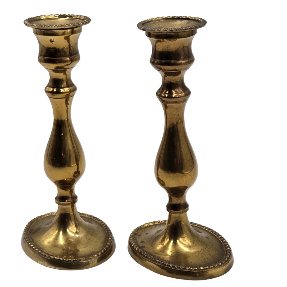 Brass Candlestick Set Oval MCM Traditional Goldtone Lacquered Holder Pair