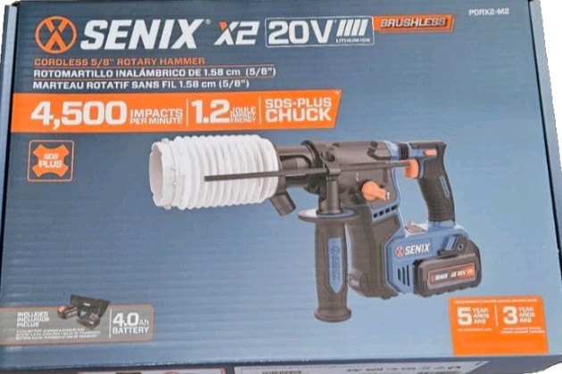 SENIX X2 20V 5/8" Rotary Hammer Drill 4.o Ah Battery, Charger, Tool Bag PDRX2-M2