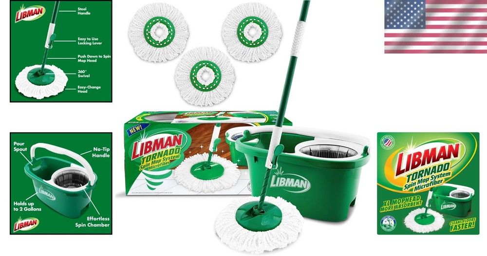 Tornado Spin Mop System with 4 Microfiber Heads - No-Tip Bucket & Spin Chamber
