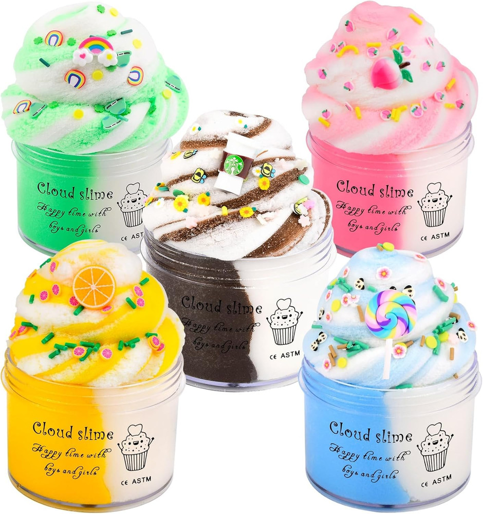 Cloud Slime Kit 5 Pack, with Rainbow Lemon Coffee Slime Charms, DIY