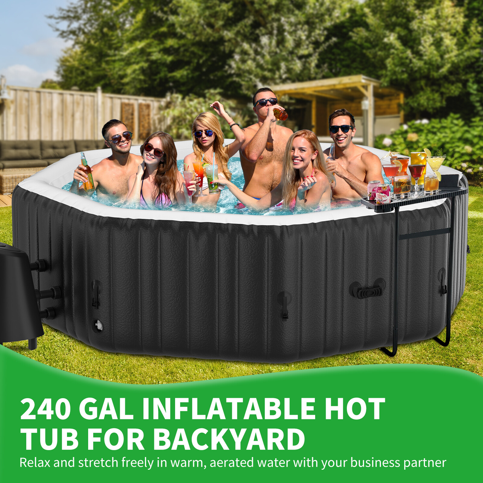 SLSY Octagon 6 Person Inflatable Hot Tub Spa with 130AirJets and Insulated Cover