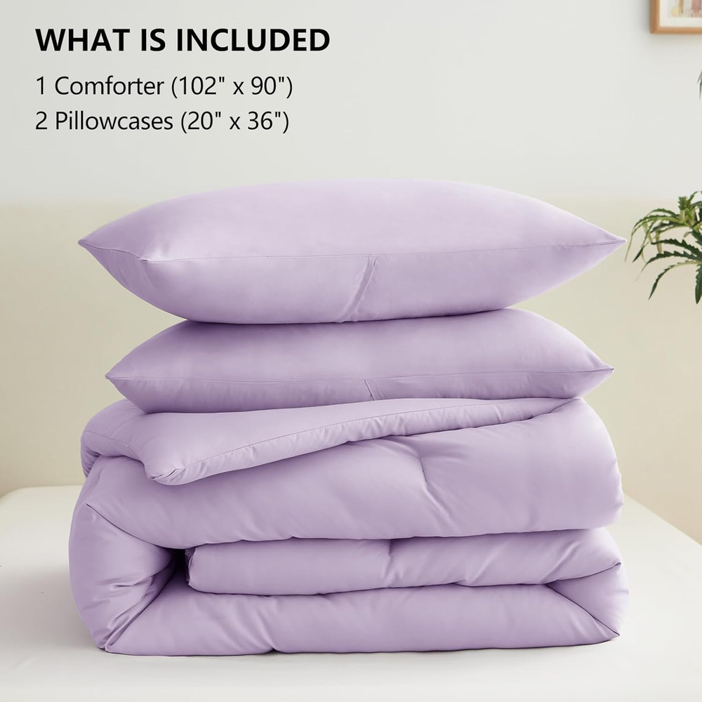 Lavender King Size Comforter Set, 3 Pieces Light Purple Solid Breathable Quilted