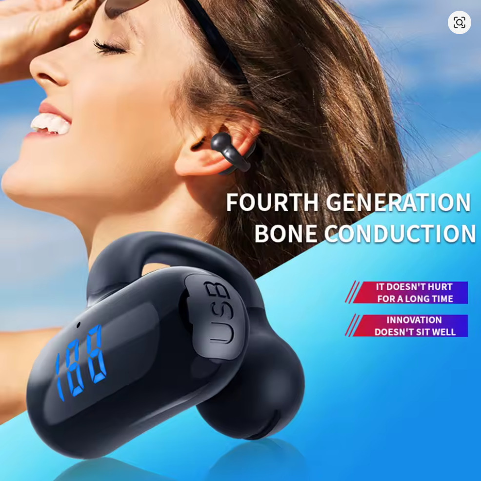 Bluetooth 5.3 Bone Conduction Open Ear Clip Earbud Waterproof Mic LED