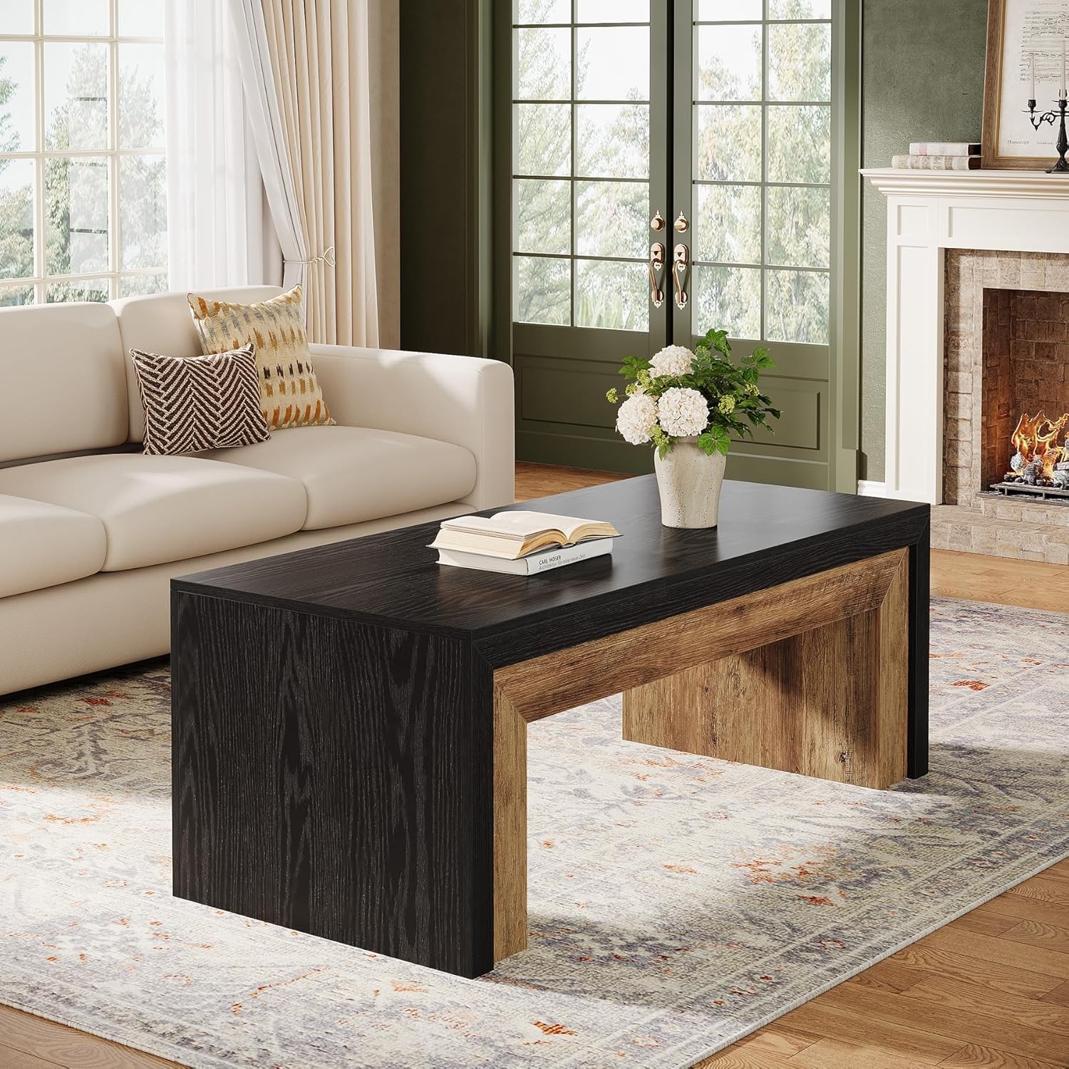 47-Inch Farmhouse Coffee Table, Rectangle Accent Center Table for Living Room