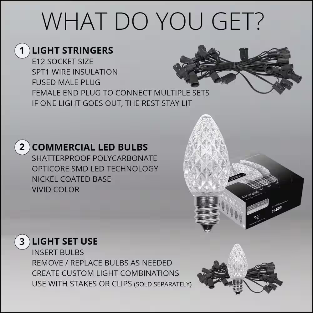 Opticore 24 Ft. 25-Light LED Cool White Faceted C7 String Light Set
