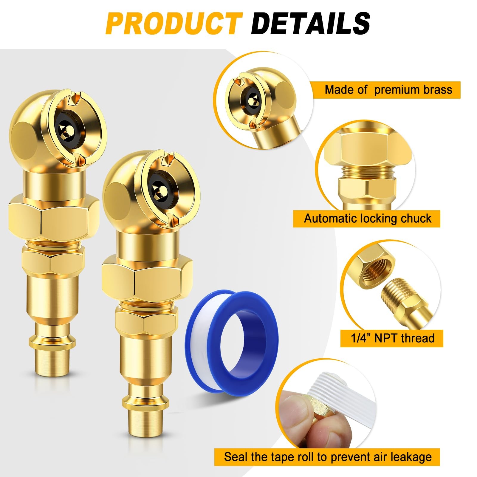 2Pcs Closed Air Chuck, 1/4" FNPT Portable Closed Flow Tire Chuck Inflator Nozzle