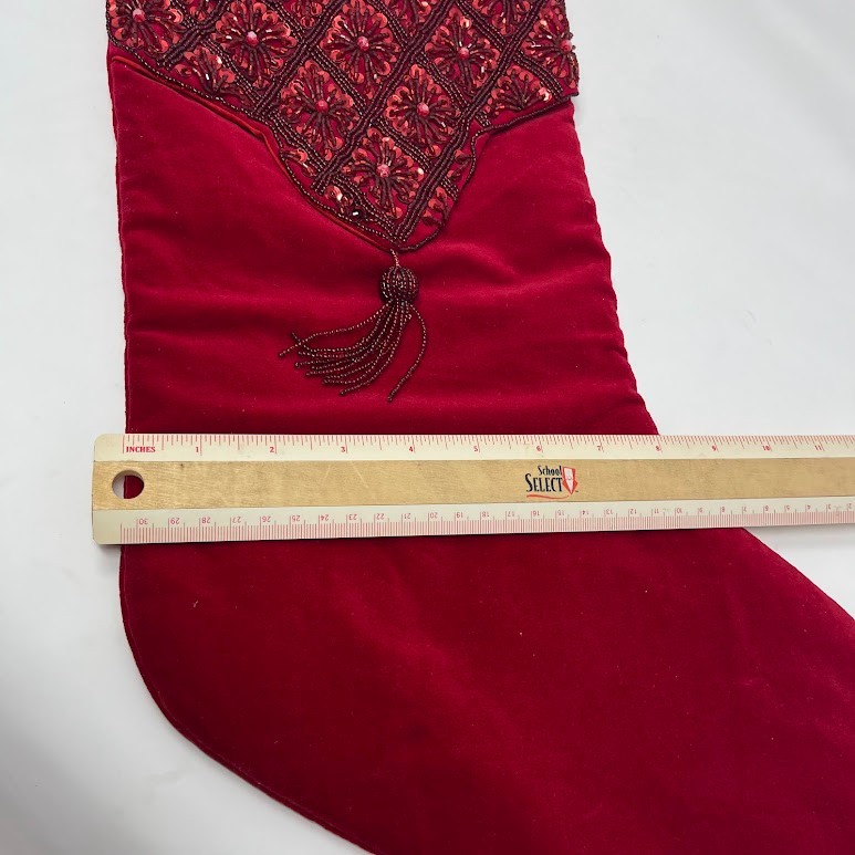 Vintage Red Christmas Stocking Embroidered Cuff Tassel Holiday Decor