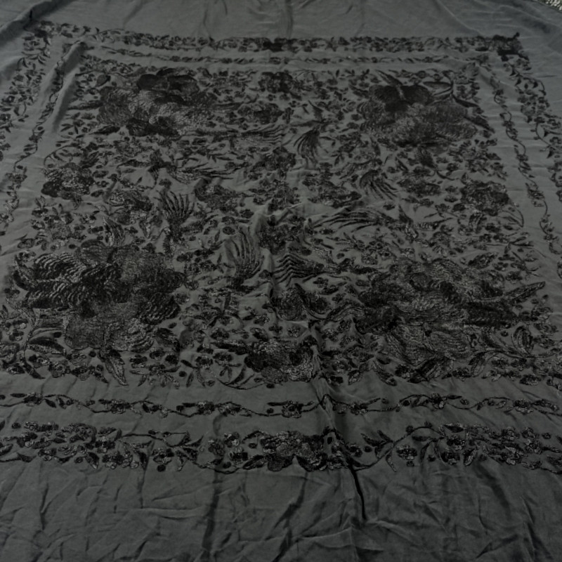 Antique Hand-Embroidered Silk Piano Shawl Wrap Floral Fringe 51" Vintage Luxury