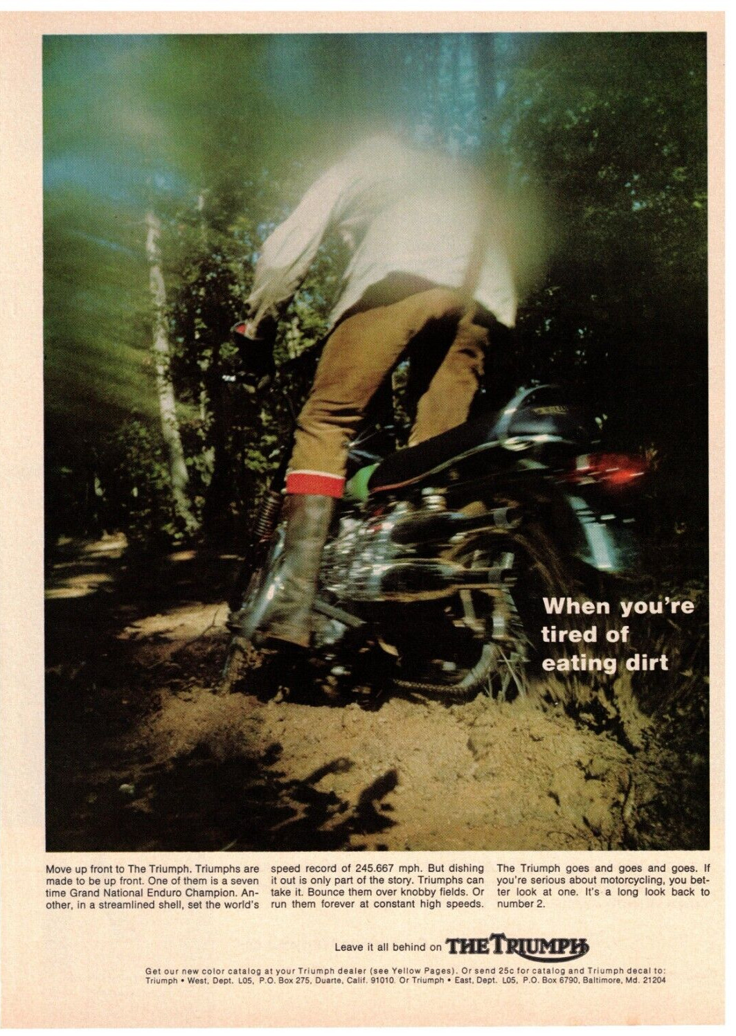 1969 Triumph  Motorcycle  Vintage Magazine Ad 'When You're Tired of Eating Dirt'