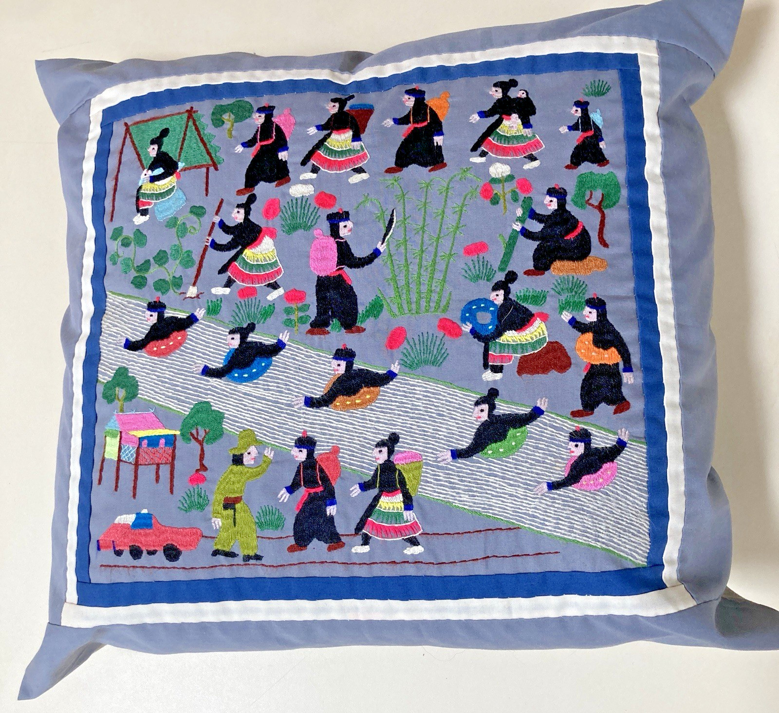 Hmong Story Pillow Throw Tapestry Embroidered Patchwork Textile Zip Close Blues