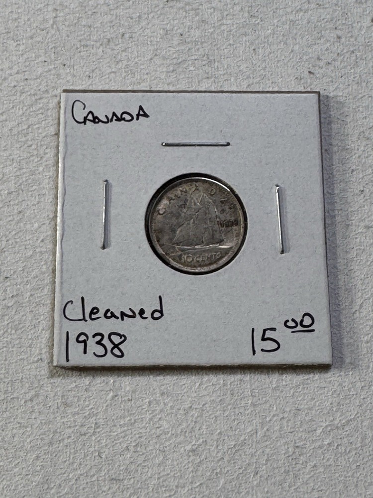 1938 Canada 10 Cents Silver Coin Cleaned