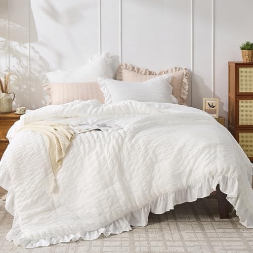 Comforter Set, 3 Pieces Seersucker Comforters Size, Lightweight & King White