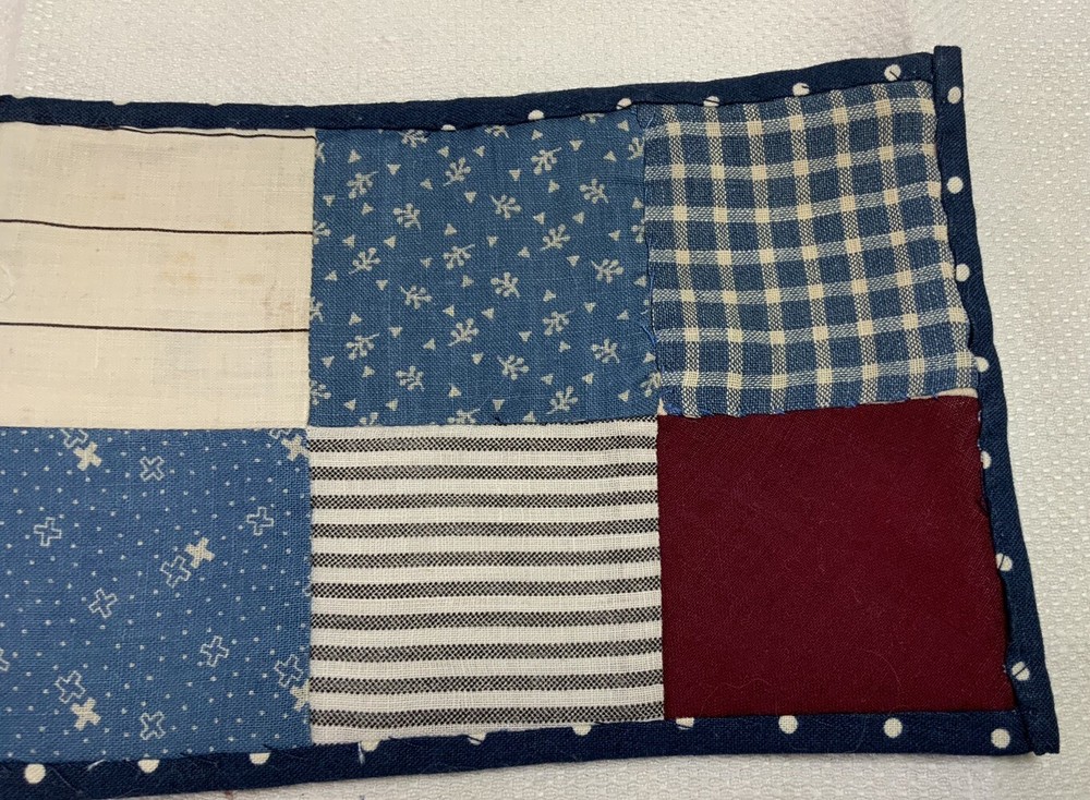Patchwork Quilt Small Table Topper, Four Patch, Blue Calico Prints, Off White