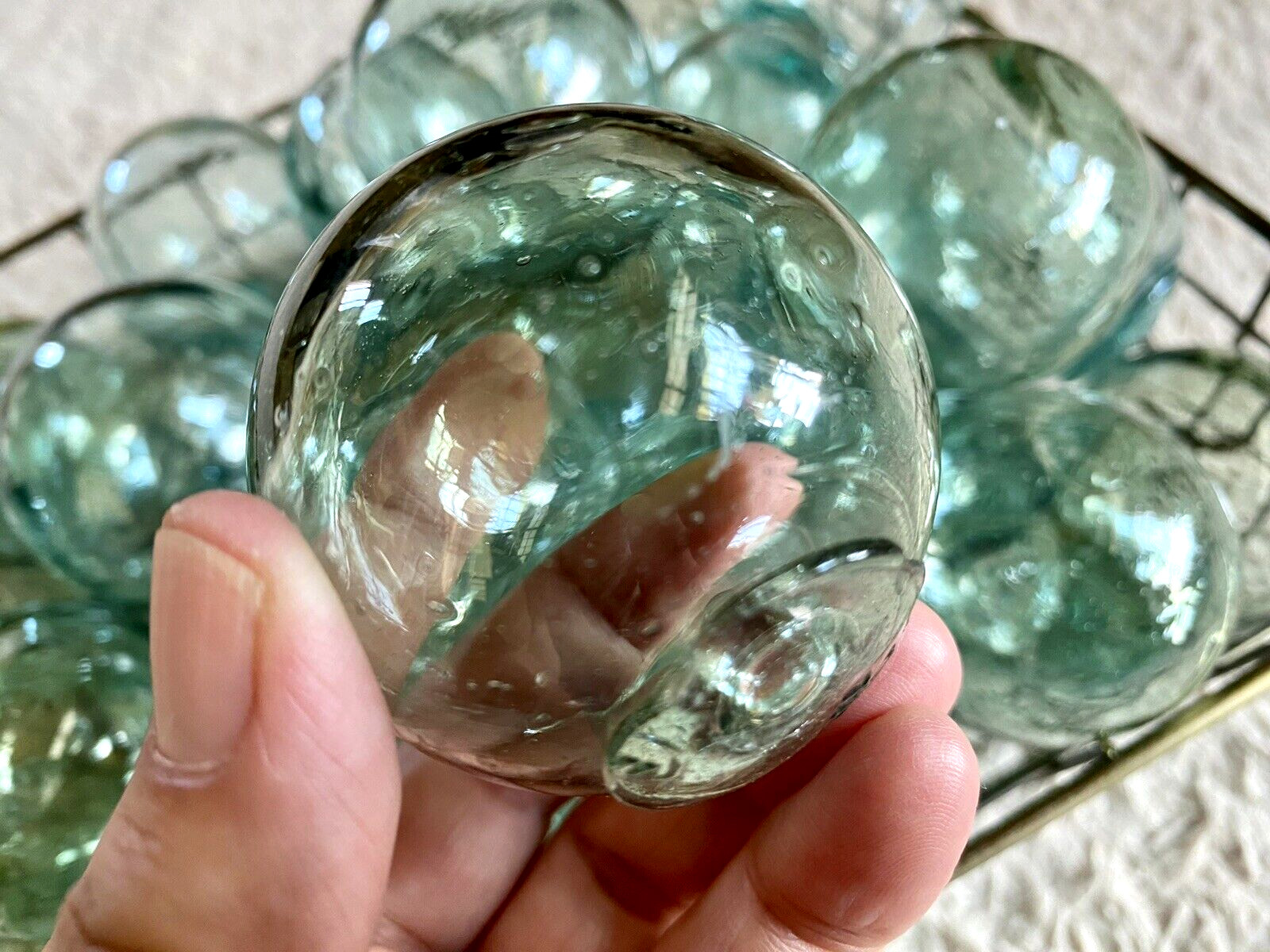 Vintage Japanese Fishing Glass Floats, Set of 12, Green & Blue - Marked, 2"-2.5"