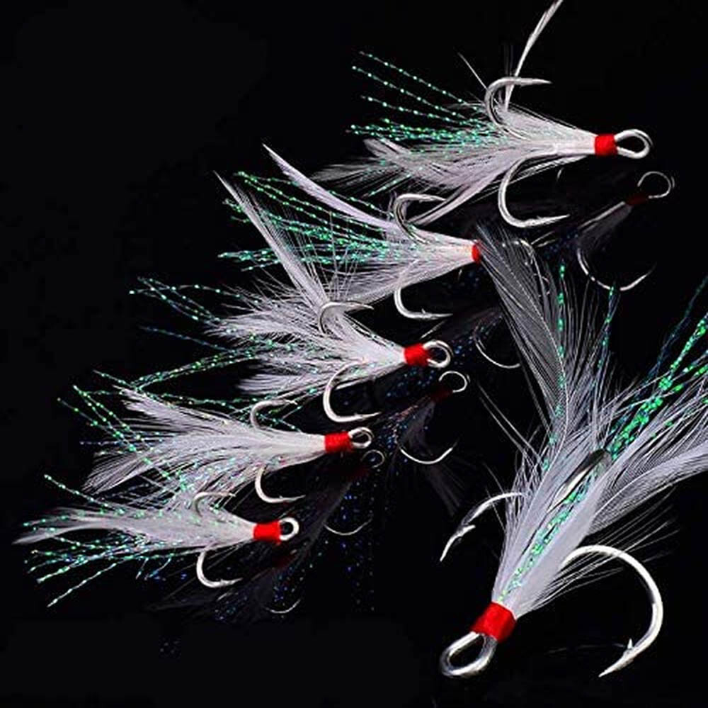 50Pcs 2X Strong Fishing Treble Hooks w/ Feather Dressed 2/4/6/8/10# Tackle USA