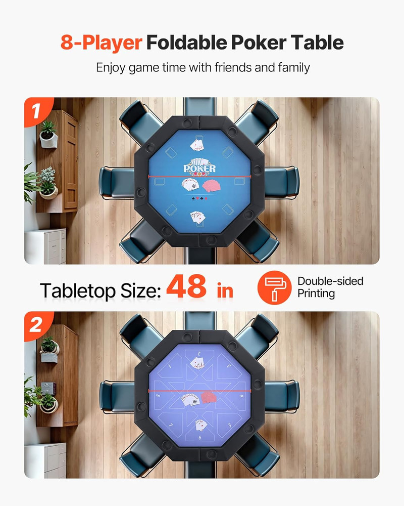 Foldable 8-Player Poker Table with Cup Holders & Padded Rails, 48 in Octagonal