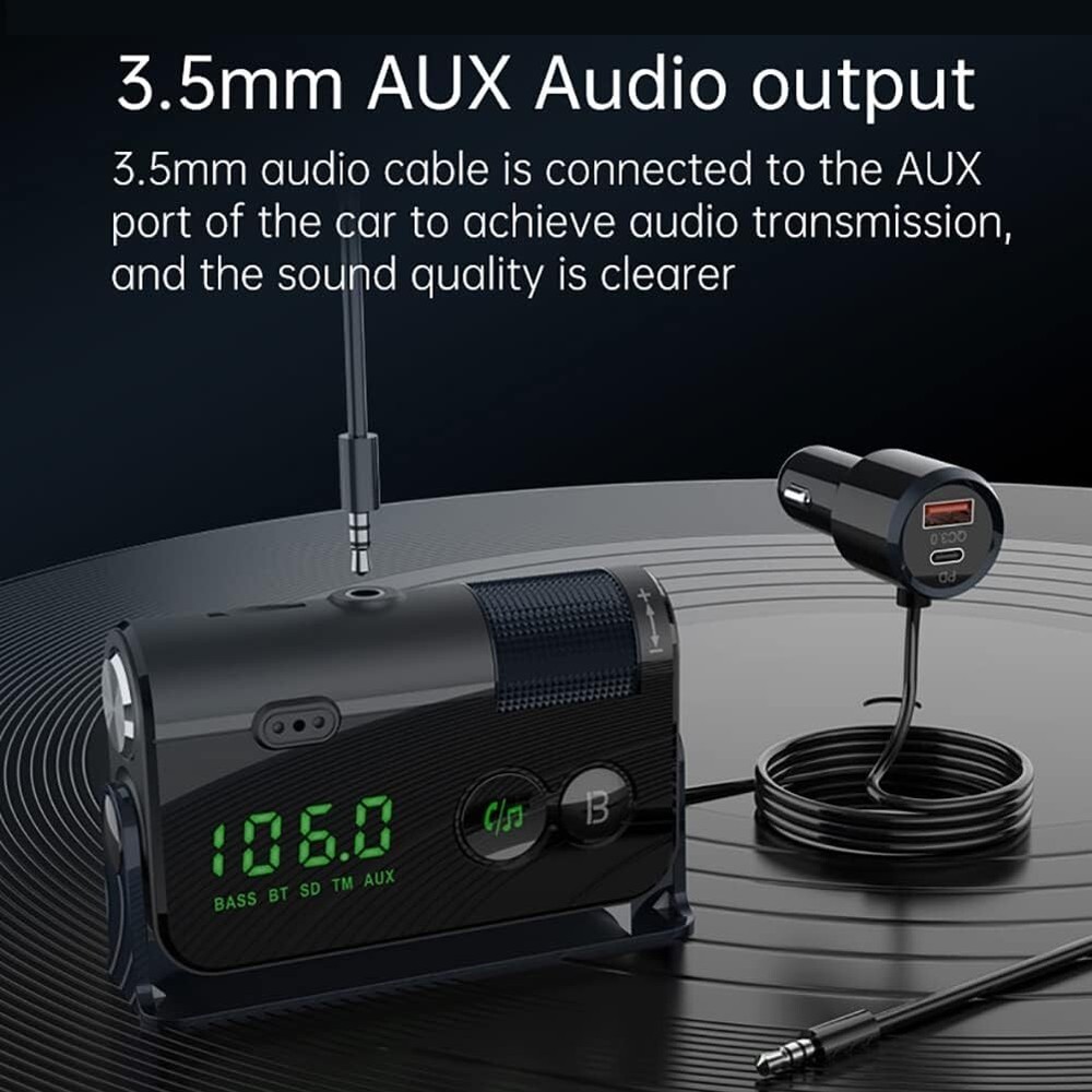 Bluetooth Transmitter Car, 2 Microphones & QC3.0 +Type-C PD 18W HiFi Bass, Car
