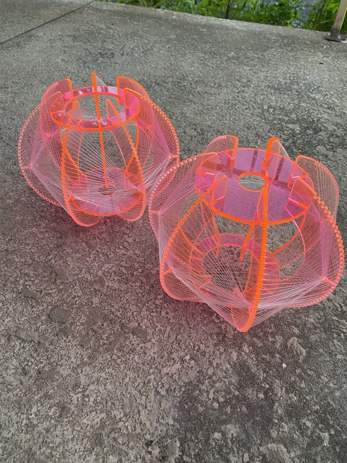 2 x Paul Secon Lucite Perspex & Nylon Thread String Ceiling Lampshade Ball Form