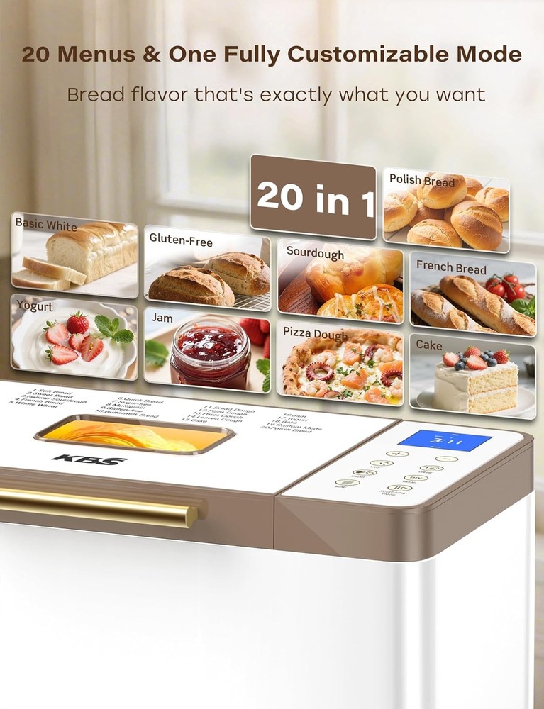 20-IN-1 Bread Maker with Custom Program, 650W Bread Machine