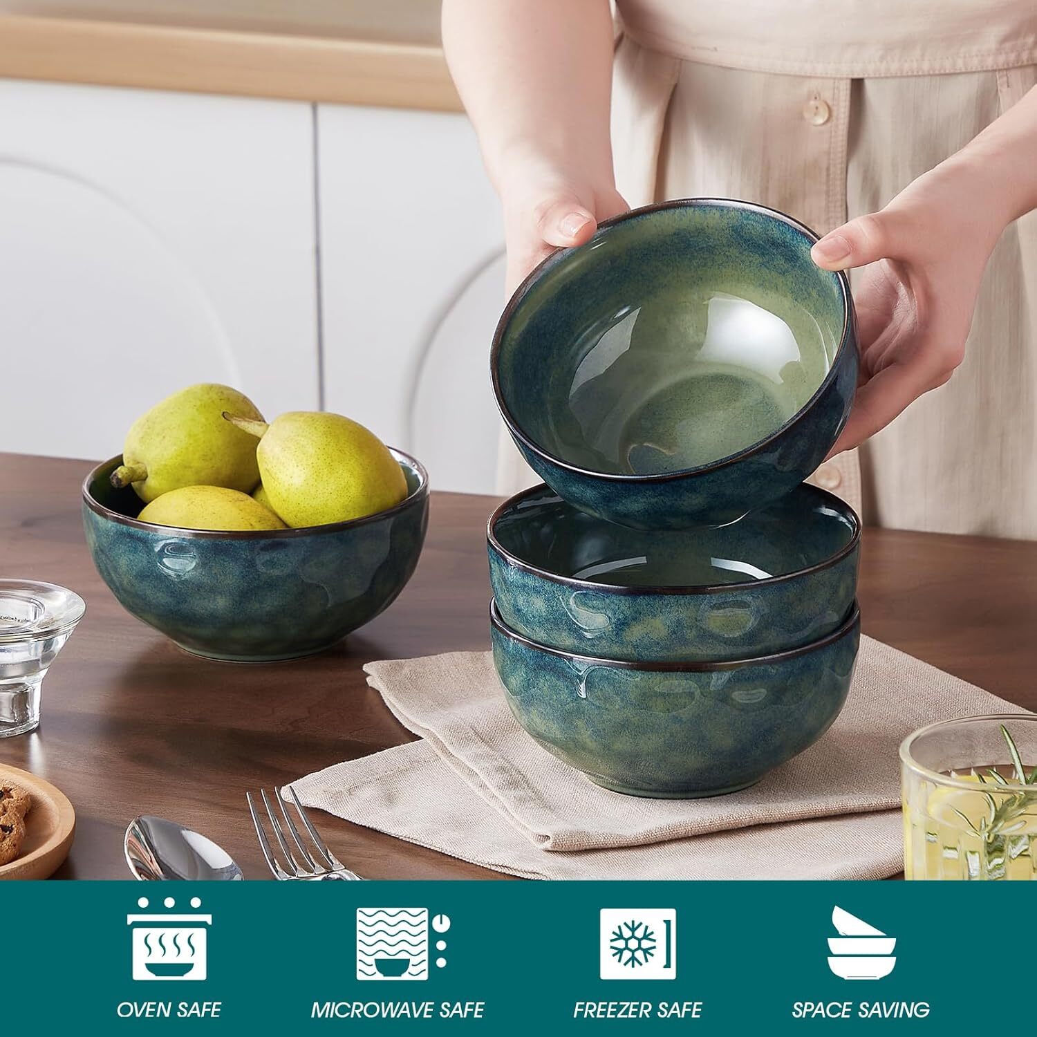 24oz Bowls for Soup, Ceramic Deep Soup Bowls Set of 4, Green Cereal Bowls Set