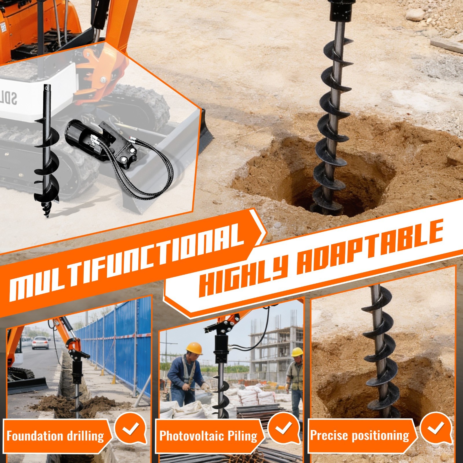 200mm Auger Drill Attachment for 1-1.5 Ton Mini Excavator